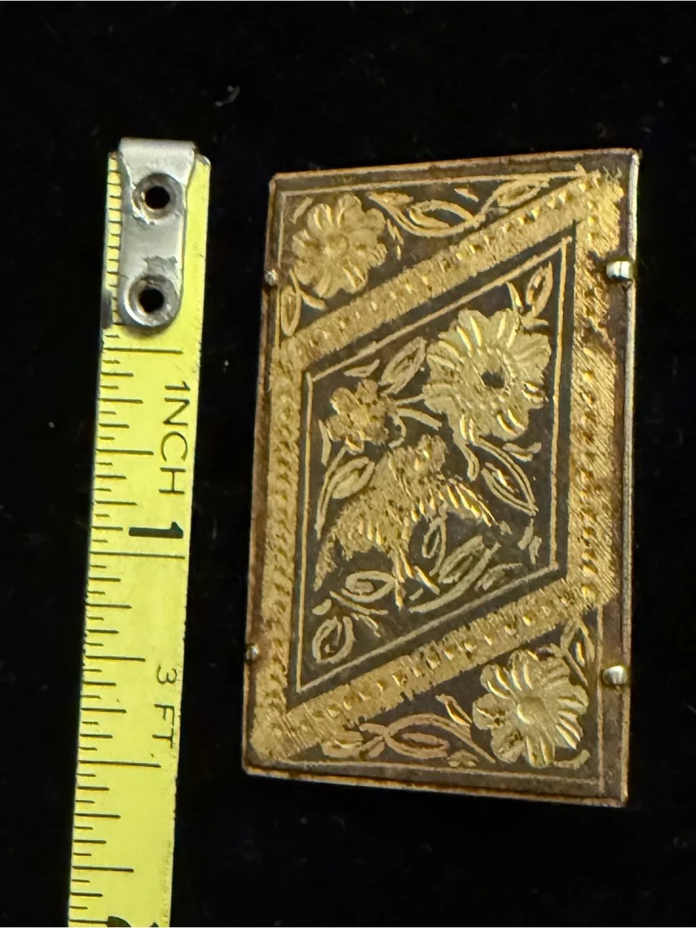 VTG Spanish Toledo Damascene Bird & Flower Rectangular Brooch Pin